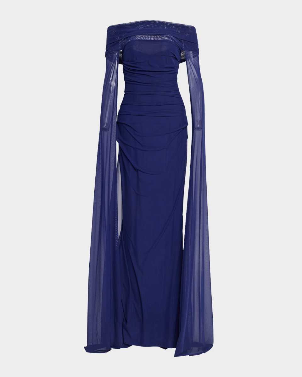 Off-The-Shoulder Ruched Mesh Cape Gown